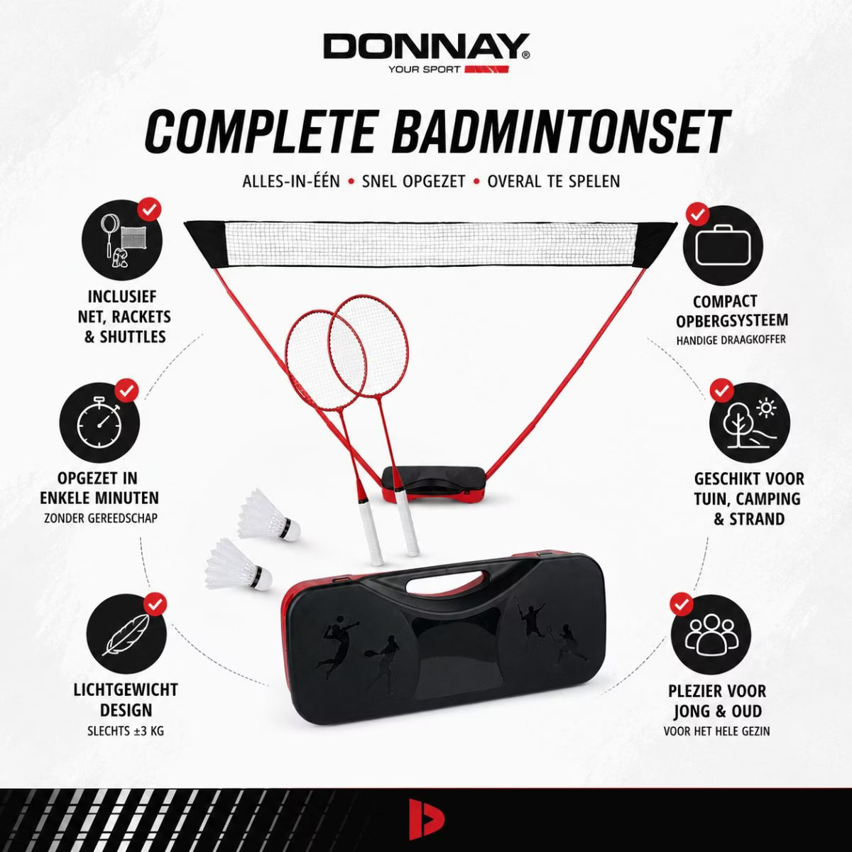 DONNAY Badmintonset, Netz, Schlägern, Federbälle im Tragekoffer
