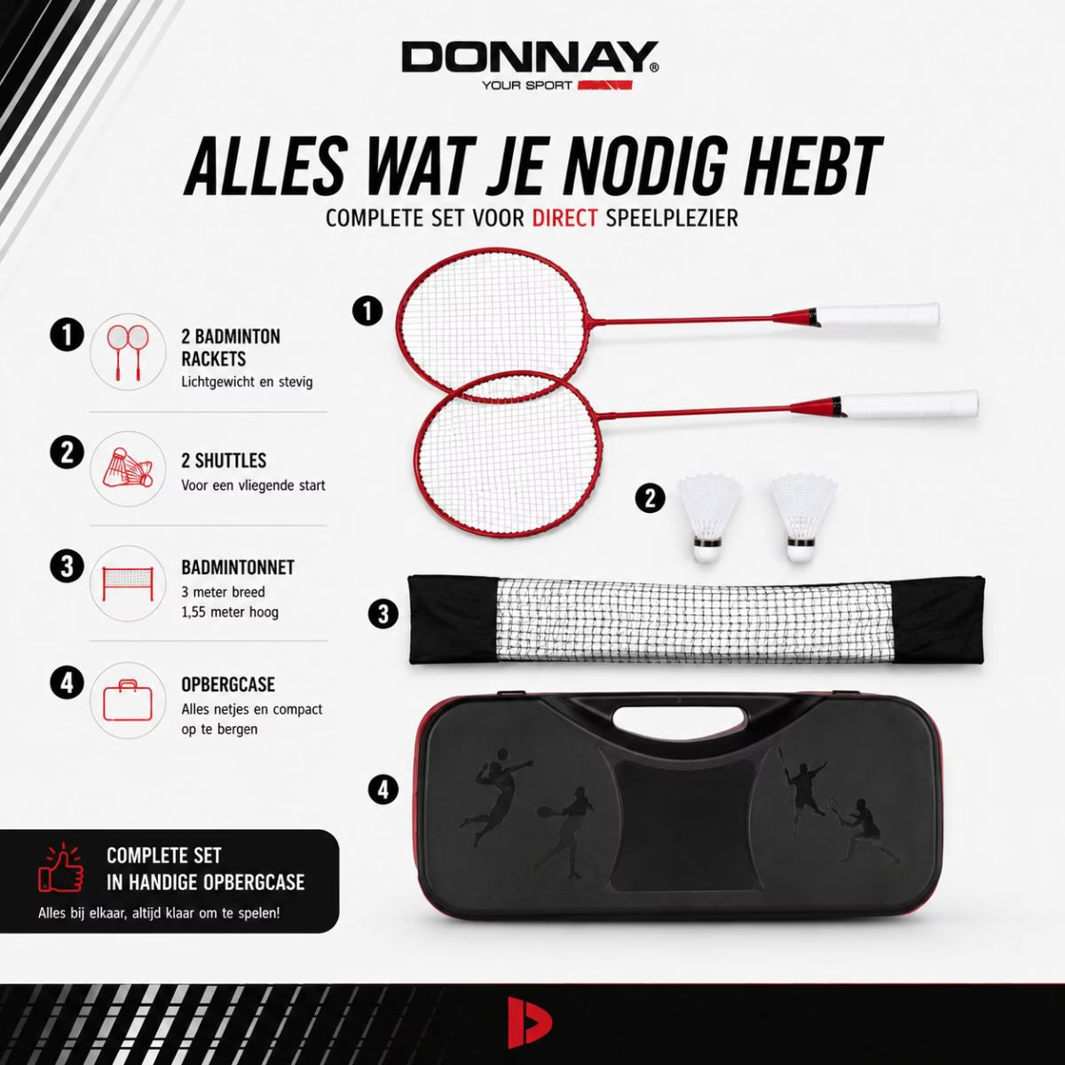 DONNAY Badmintonset, Netz, Schlägern, Federbälle im Tragekoffer