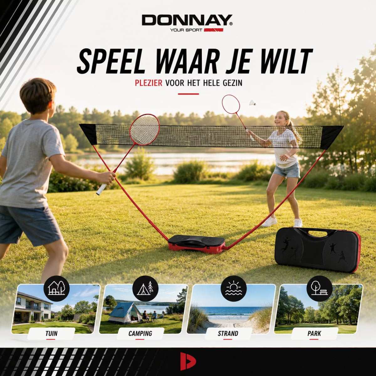 DONNAY Badmintonset, Netz, Schlägern, Federbälle im Tragekoffer