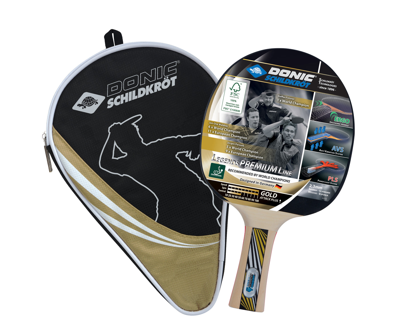 Raquette de tennis de table Donic Schildkröt Legends Gold, Premium Line, housse incluse