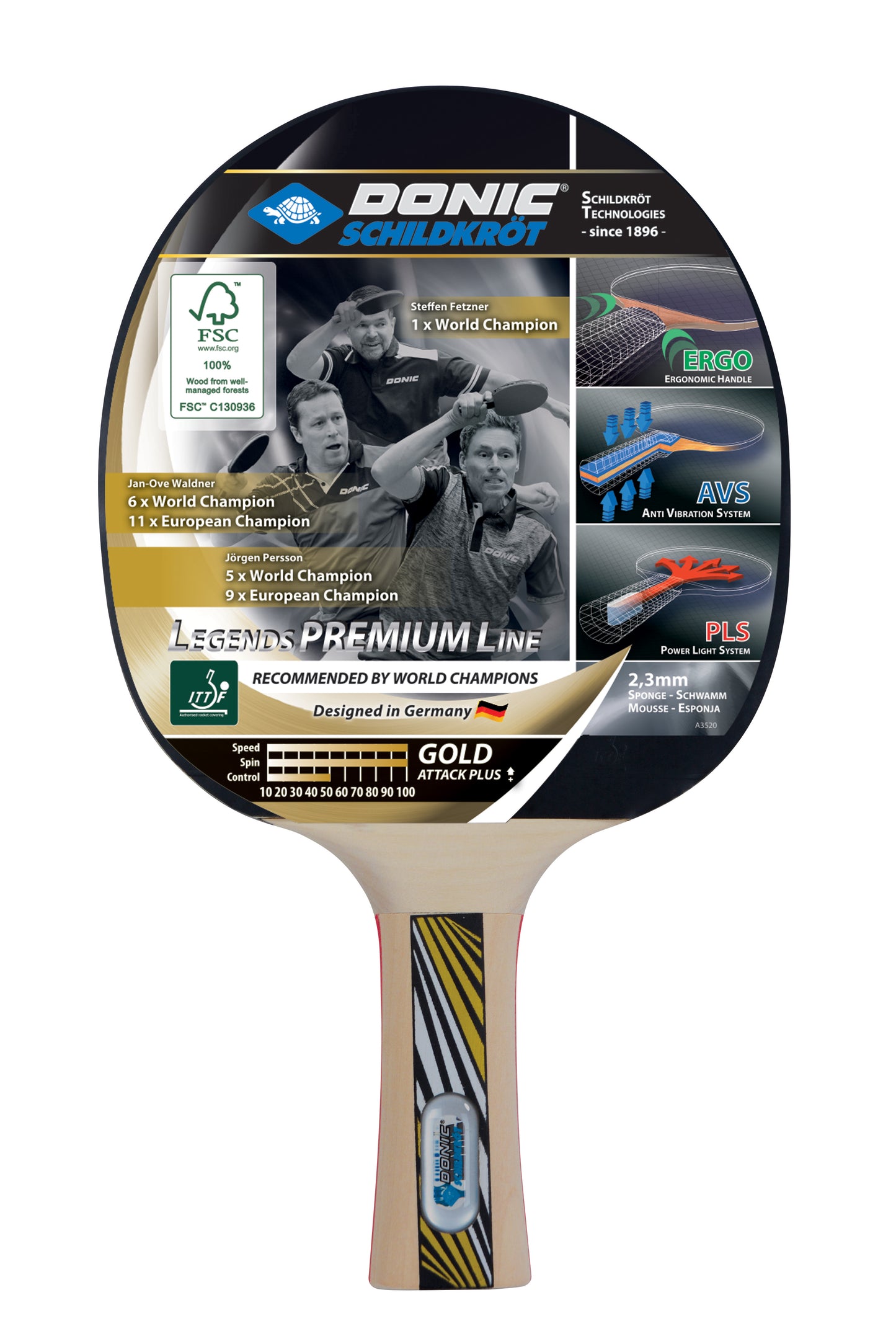 Raquette de tennis de table Donic Schildkröt Legends Gold, Premium Line, housse incluse