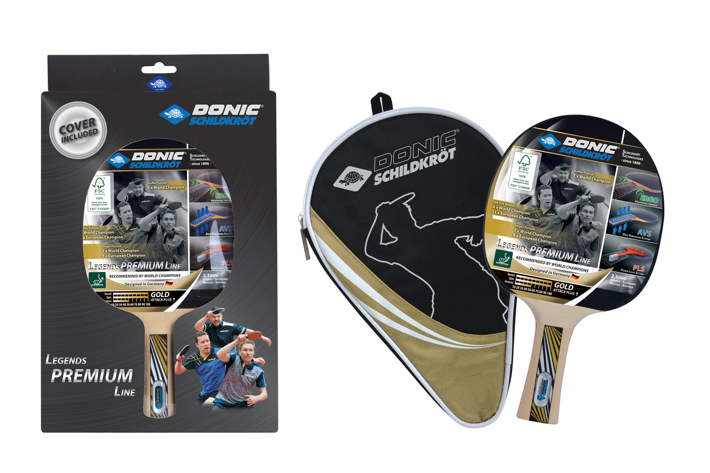 Raquette de tennis de table Donic Schildkröt Legends Gold, Premium Line, housse incluse