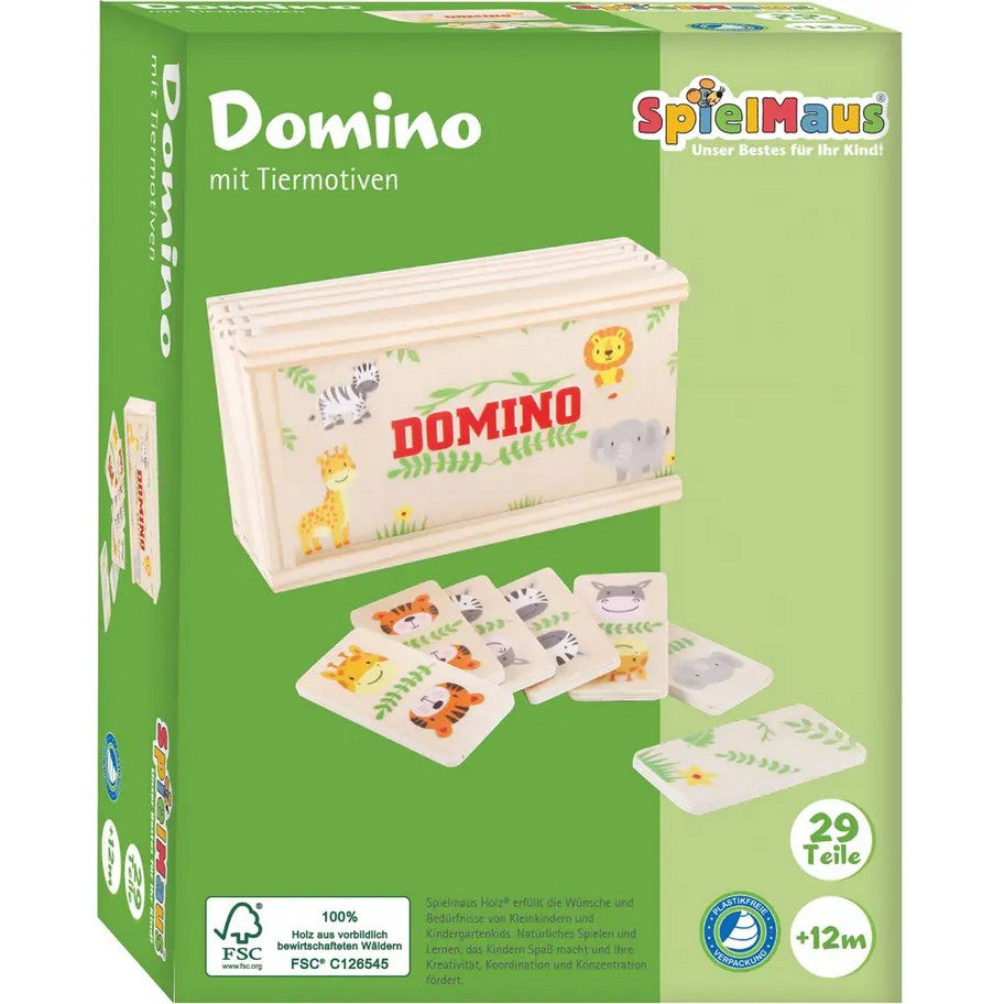 Domino en bois SpielMaus avec motifs animaliers, 28 pièces